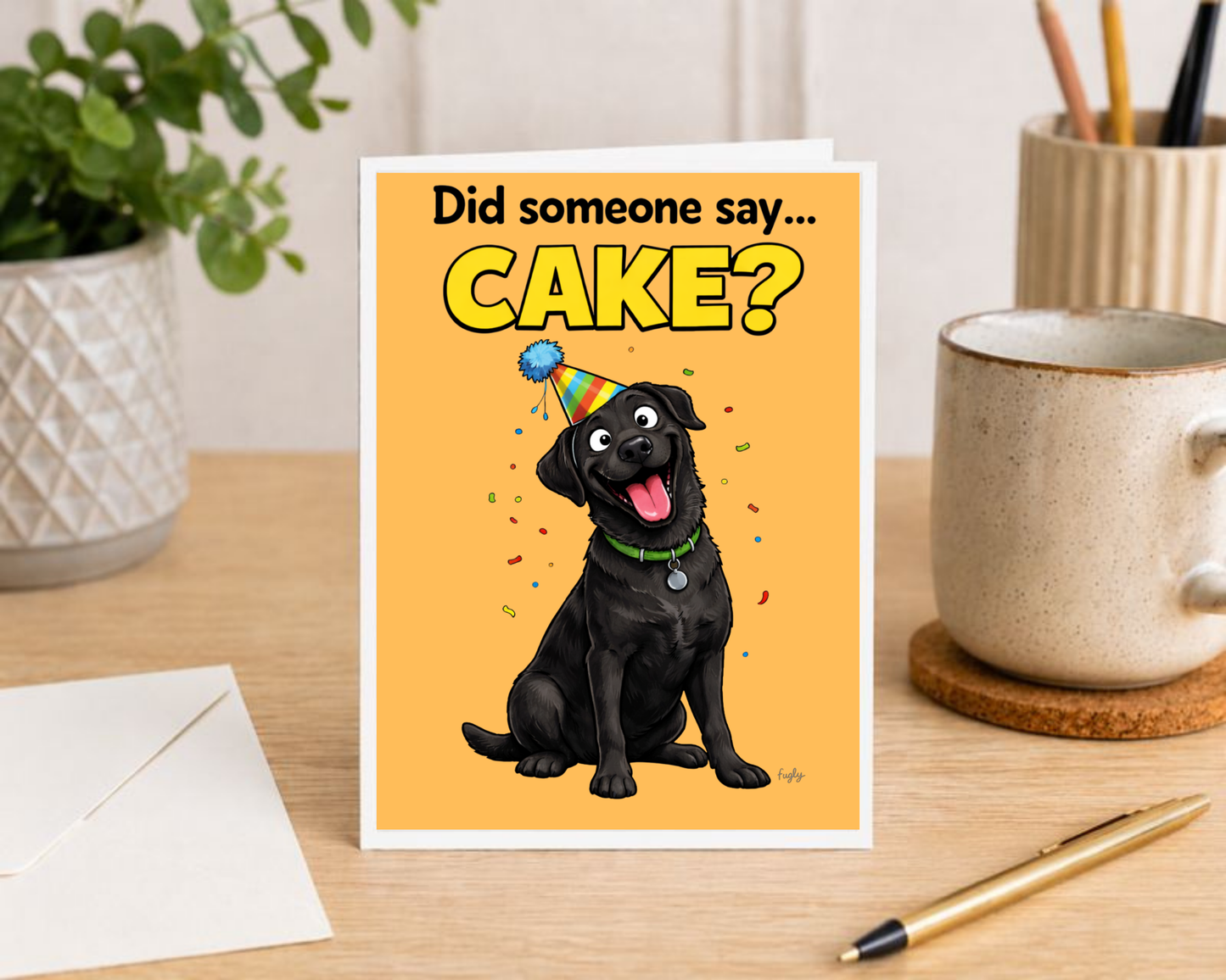 Funny Black Labrador Birthday Card – “Did Someone Say Cake?”