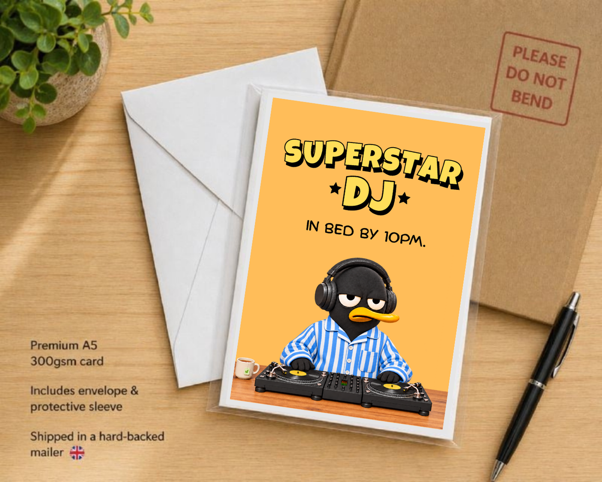 Funny Birthday Card for DJ – Large A5 Card for Vinyl Lovers – Superstar DJ In Bed by 10PM