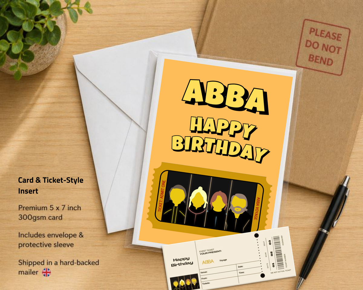 Abba Voyage Ticket Themed Birthday Card with Voyage Ticket Style Insert