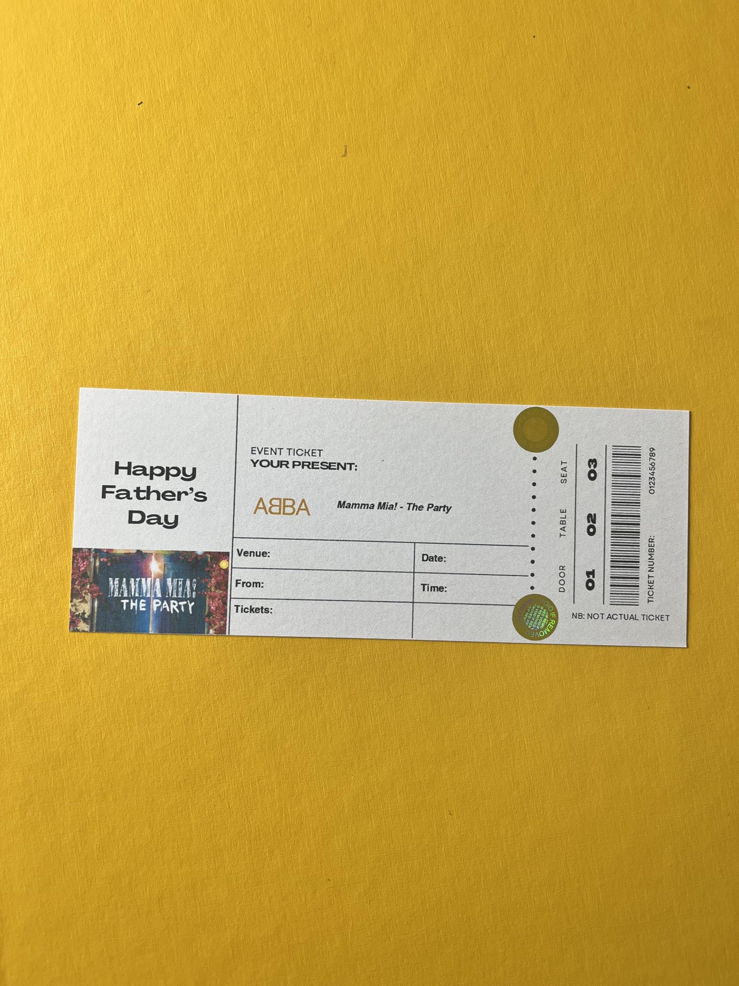 Abba Mamma Mia Father's Day Ticket Themed Birthday Card with Mamma Mia The Party Ticket Style Insert