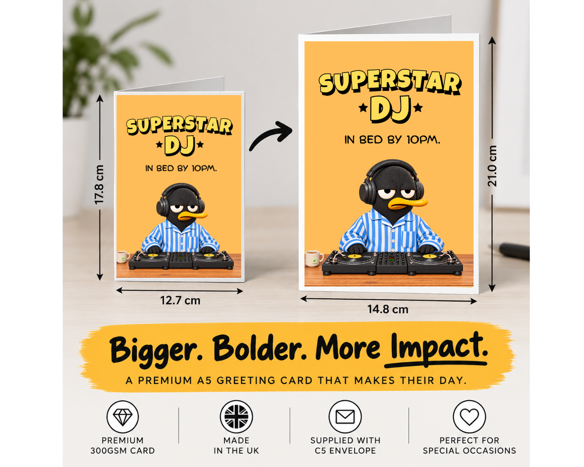 Funny Birthday Card for DJ – Large A5 Card for Vinyl Lovers – Superstar DJ In Bed by 10PM