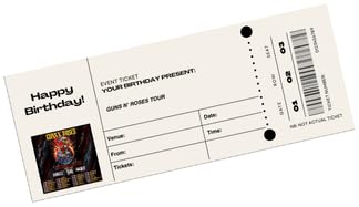 Guns Roses Birthday - Ticket themed Birthday Card with Ticket Style Insert