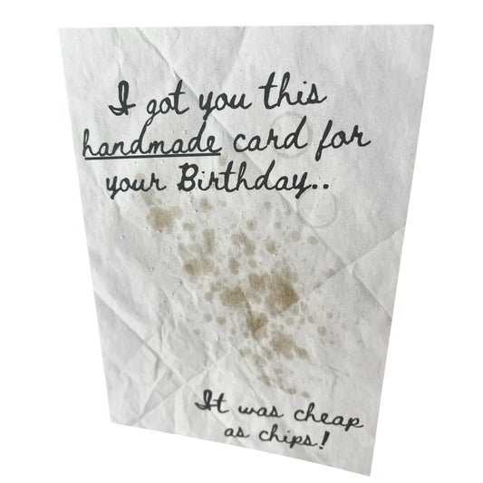 Cheap as Chips Birthday Card - Funny Chipshop Paper Themed Value Discount for Cheeky Cheapskate Celebrations.