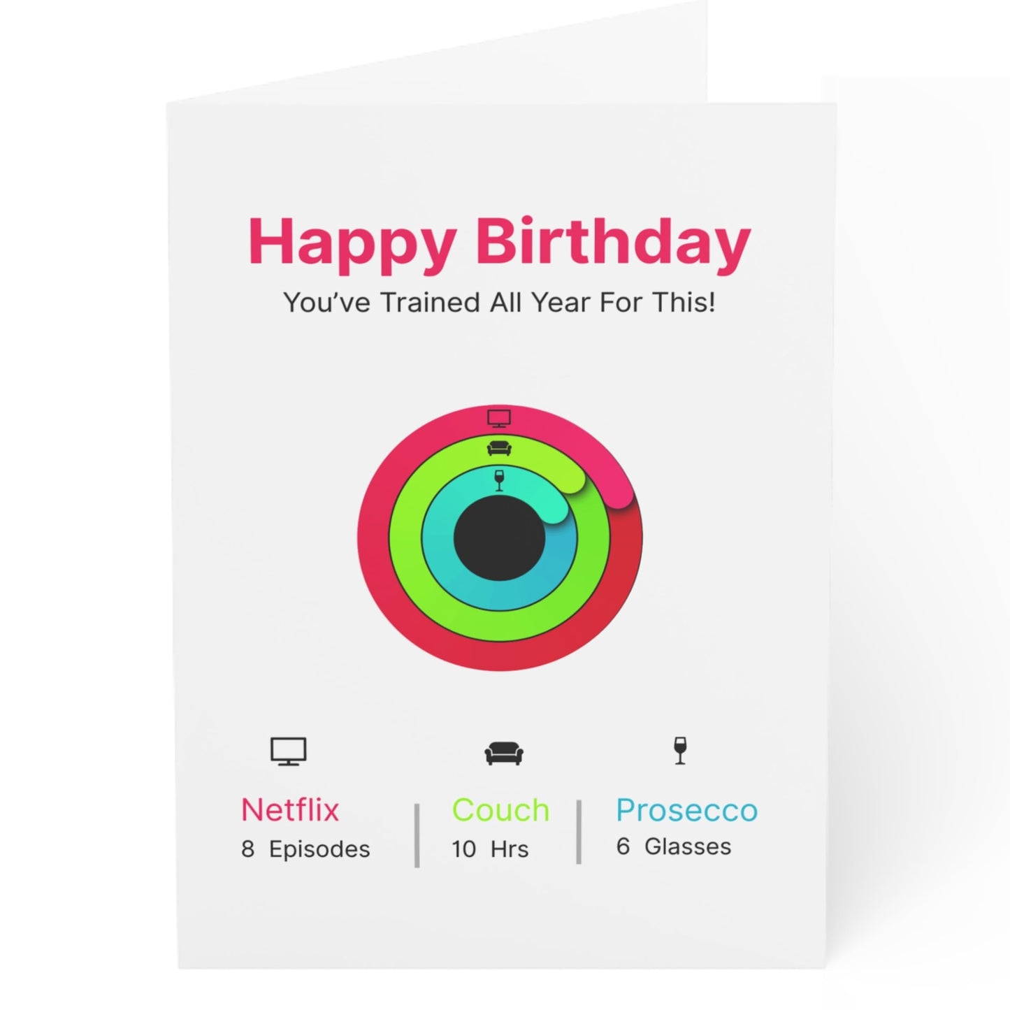 Funny Activity Ring (Prosecco, TV & Couch) Fitness Tracker Birthday Card. You've trained all year for this!