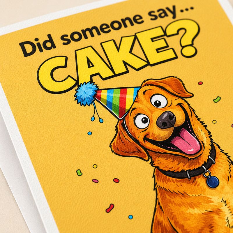 Funny Red Labrador Birthday Card – “Did Someone Say Cake?”