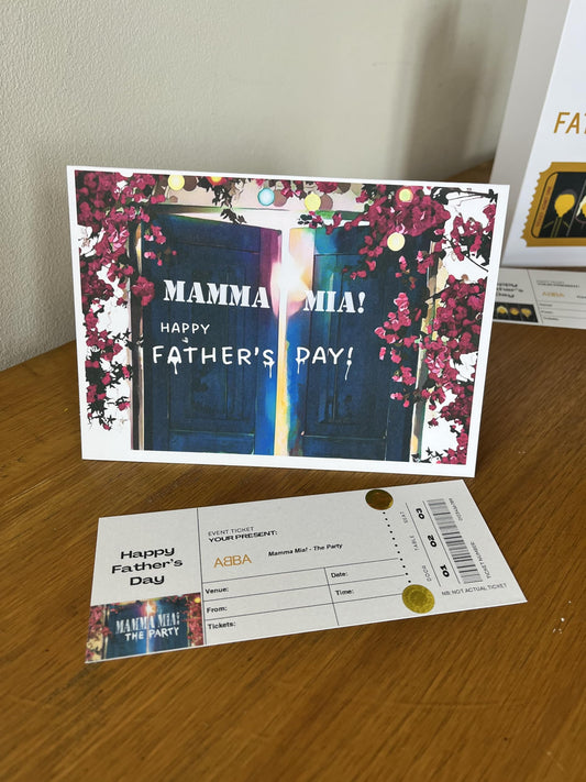 Abba Mamma Mia Father's Day Ticket Themed Birthday Card with Mamma Mia The Party Ticket Style Insert