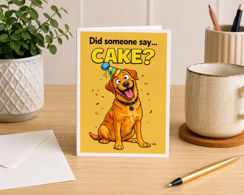 Funny Red Labrador Birthday Card – “Did Someone Say Cake?”