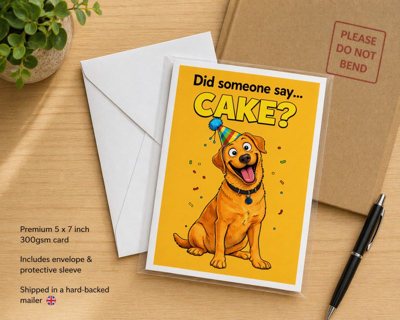 Funny Red Labrador Birthday Card – “Did Someone Say Cake?”